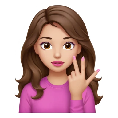 girl with long wavy brown hair, brown eyes, light to medium complexion, in a pink shirt, pink lips, long lashes, puckered lips,  showing  finger nails sticker