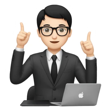 un estudiante con lentes y su laptop CON TERNO Y CABELLO NEGRO,  LEVANTANDO LAS MANOS DANDO LIKE sticker