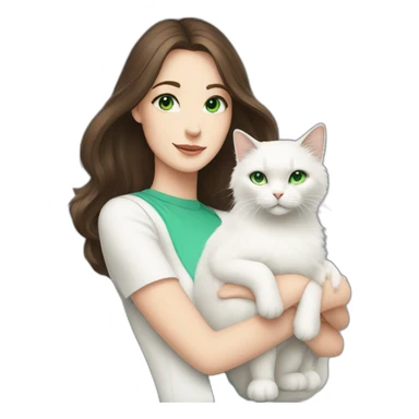 brunette with blue eyes holds a white fluffy cat with green eyes sticker