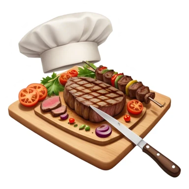 icon featuring a chef’s hat, a cutting board with fresh ingredients, a knife, a beautifully cooked ribeye steak, shashlik skewers, and a plate of food in the making. The design captures the passion of cooking with warm, inviting colors, and realistic textures. Transparent background. sticker