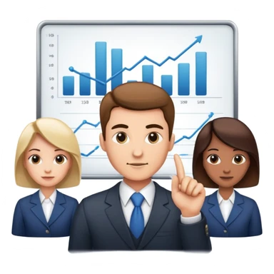Professional leader with chart showing growth, presenting to team sticker