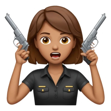 the woman emoji with brown hair and tan skin choking herself  with both hands around her neck with her mouth open and two arms from behind her holding a gun in each hand point directly at her head sticker