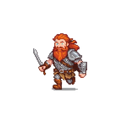 pixel art ginger viking with red beard and armor, running animation frame 2, mid-stride sticker