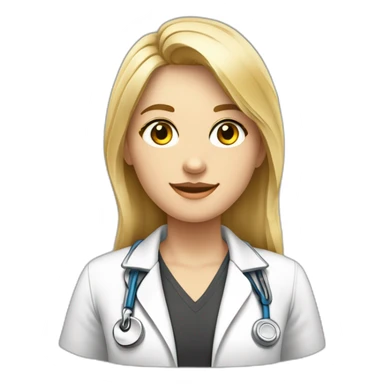 Crea un avatar de medio cuerpo de una joven nutricionista rubia oscura.  con grandes ojos grises, rostro delgado, cabello largo, comienza por ahí y perfecciona el resultado. sticker