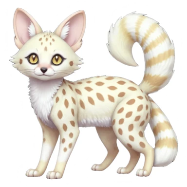 White Albino pastel light whitish grey-spotted Serval-Civet-Genet-Trico-Furret-Linoone-Noibat-Espeon-Fakémon-Pokémon-animal-hybrid-fusion-creature (full body) with vibrant glowing eyes, cute, elegant, soft, realistic, pastel fur sticker