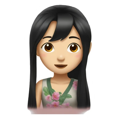 Asian girl long black hair wink kiss and peace sign sticker