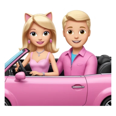 Barbie and Ken as cats sitting in a pink convertible car smiling sticker