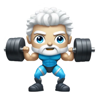 Athletic bionic robot man with amazing hair white hair and beard and blue human eyes flexing muscly arms and lifting weights   sticker