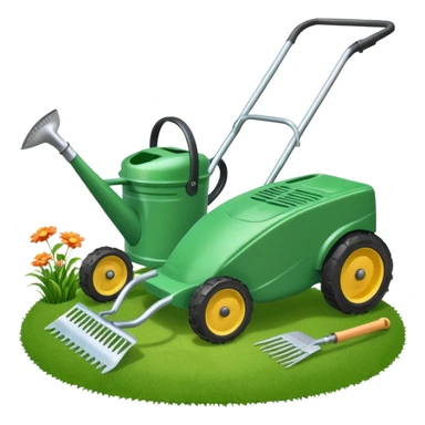 Lawn mower, rake, and watering can grouped together with a few grass clippings sticker