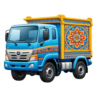 Emoji style illustration of a Hino 500 truck, colorful Peruvian decorative truck art, bright blue body, Andean patterns and vibrant painted details, bold outlines, flat vector style, clean shading, sticker design, centered, white or transparent background, high detail, cartoon style sticker