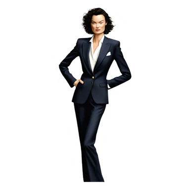 Shalom Harlow wearing a Ralph Lauren suit sticker