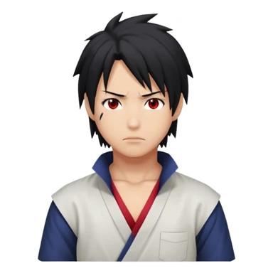 Sasuke Uchiha. White low cut shirt, dark hair, Sasuke hair, red eyes sticker