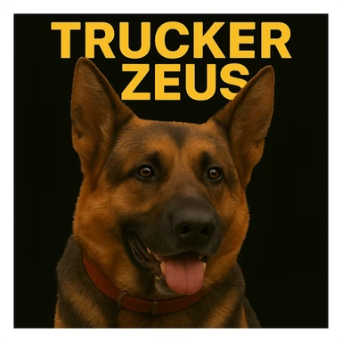 Further compress the image to reduce file size as much as possible while keeping transparency, realistic German Shepherd, and yellow 'Trucker Zeus' text. sticker