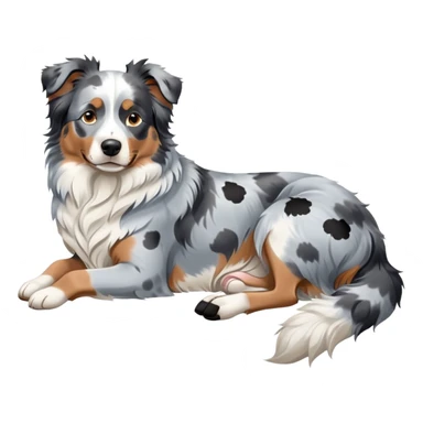 Merle Australian Shepherd dog laying down, blue merle coat with white and black spots, relaxed pose sticker