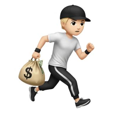 Thief with black cap white t-shirt with black tripes all ower the shirt emoji runing with money bag sticker