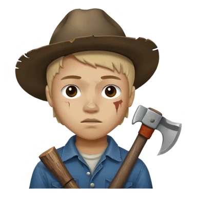 13 y/o Brian robeson at the beginning of Hatchet
distressed, has hatchet, small scratches on face, no blood on hatchet sticker