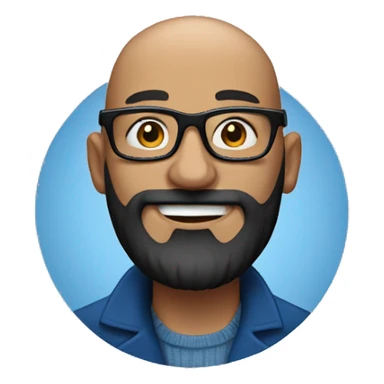 Bald man smiling with glasses and a big, bushy black beard. Wearing a blue coat sticker