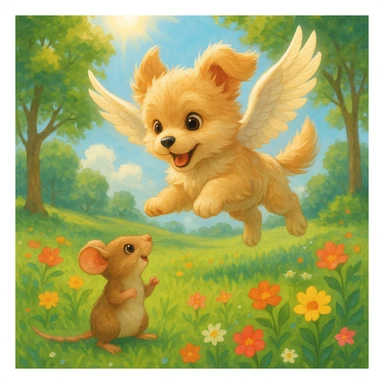 a fantasy scene of a winged dog flying over a mouse in a park, cheerful and cute sticker