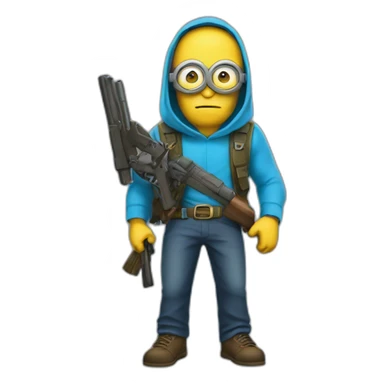 invisible minion in a blue sleeveless shirt with a hood, only his glasses are visible, he holds two guns, he has a belt with a gold insert in the shape of a star sticker