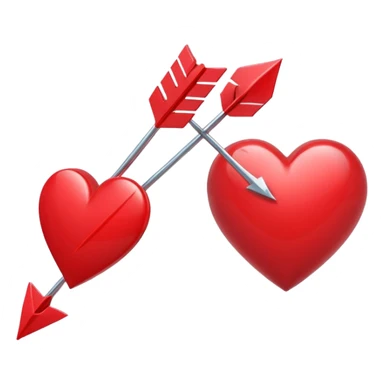 Apple-style 3D illustration of a glossy red heart pierced by a horizontal double-ended arrow. One end of the arrow has a small female symbol, the other end has a small male symbol. The heart is centered, shiny, with soft shadows, floating on a clean white background, minimal and emotional design sticker