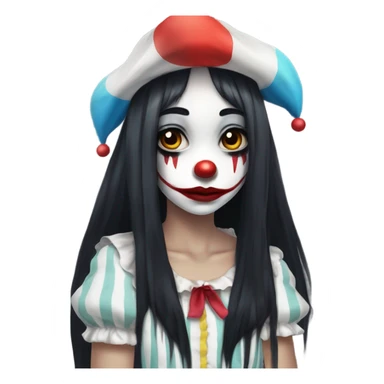 Anime style Sad clown girl with clown face paint wearing cap n bells cockcomb jester hat with long straight black hair exaggerated expression on her face  sticker