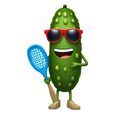 pickle with legs, holding a solid red paddle ball racket, blue backgound, wearing sunglasses sticker