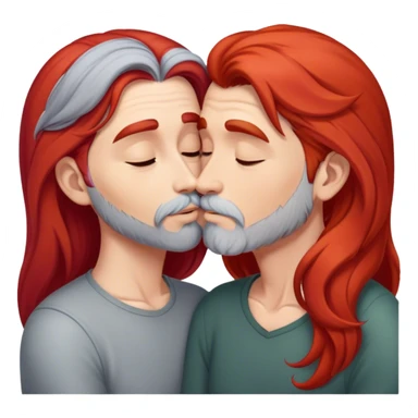 Long red hair woman kissing man with short gray hair and facial hair sticker