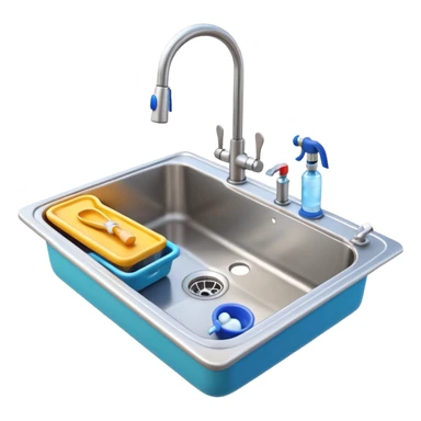 3D Pixar-style kitchen sink with a faucet and water running, some plumbing tools nearby, bright clean look, realistic but colorful, isolated on white

 sticker