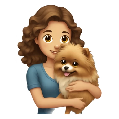 brown wavy haired girl hugging Pomeranian dog  sticker