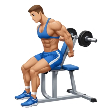 side-view bodybuilder in blue shorts seated weighted calf-raise machine lower leg exercise sticker