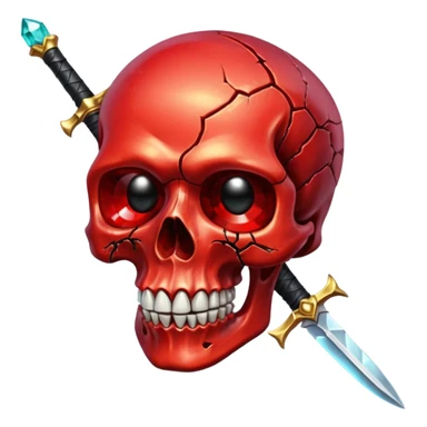 make me a red crystal skull partly see thew super gem like make it realistic and held together by a black bow and a small dagger to the eye with cracks coming from it have the bow be loosely tied around the skull holding it together make the blade super realistic  sticker