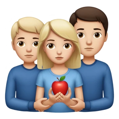 Apple iOS emoji style.
A girl holding hands with two boys at the same time,one boy si brunette the other blonde, one on each side.
The girl has a suspicious, guilty expression, slightly turned eyes.
The boys look neutral and unaware.
 smooth gradients, rounded shape sticker