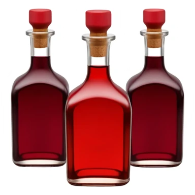 Red wine vinegar and oil bottles, elegant glass, dark brown to ruby, round or square base, slender neck, cork or metallic cap, dark glass, reflections, 3D clean style, transparent background, optimized for emoji size sticker