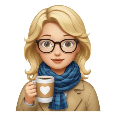 a girl drink with blonde wavy hair, wearing glasses, having scarf, drink coffee sticker