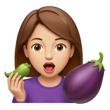 Brown hair light skin woman about to eat an eggplant mouth open sticker