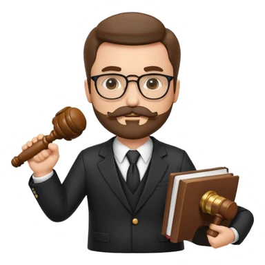 “Create a clean, modern emoji-style illustration of a male lawyer. He is wearing a formal suit jacket. He is holding a judge’s gavel (QUE SE VE DE COSTADO) in one hand and has a law book tucked under his arm. He has a mustache and beard (BARBA)!, and GLASSES sticker
