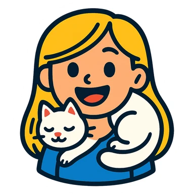 a smiling girl with long blonde hair, a white fluffy cat curled around her neck and left shoulder, vibrant toon style emoji for messaging apps sticker