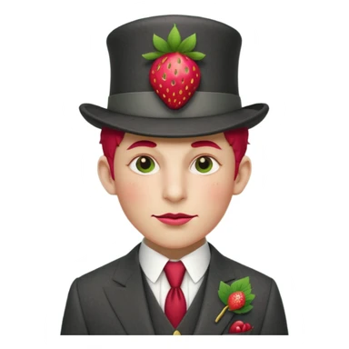 Pretentious cartoon strawberry in a tailored charcoal three‑piece suit, leaf‑cap styled like a pompadour, gold‑stud seeds, sugar‑glass monocle, licorice cane, smug expression; clean vector style, flat shading, cream background, rich crimson/forest‑green palette, 3/4 view, elegant lighting.
 sticker