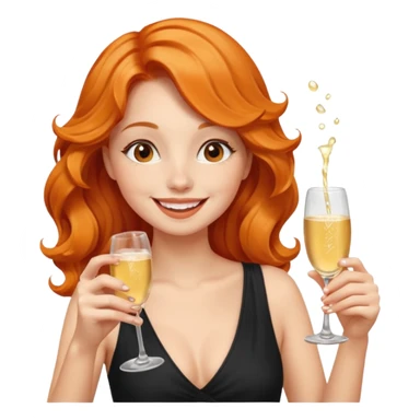A shy young woman with orange wavy hair gently takes her first small sip of champagne, smiling with excitement. sticker