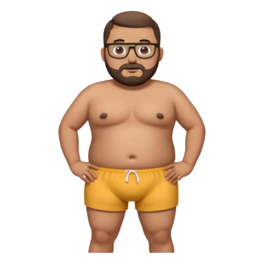A very fat standing shirtless mexican guy in his boxers with a buzzcut, a beard, and glasses sticker