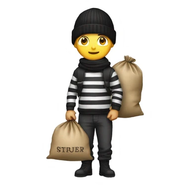 Thief wearing striped shirt and black beanie, holding a sack of money behind his back. sticker