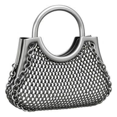 3D render of Mesh Purse, made of interlocking chainmail metal rings, wire mesh texture, visible holes and negative space, metallic silver and grey, high contrast shadows, Apple emoji style, isolated on white background --v 6.0. sticker