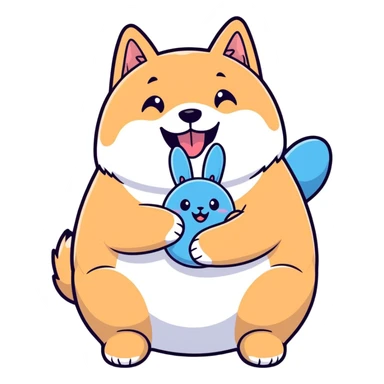 smiling overweight black shiba inu gripping fluffy blue bunny toy in mouth, cheesy aroma vibe, cartoon sticker style sticker