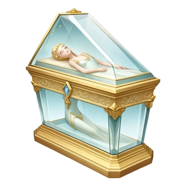 A delicate glass coffin with golden trim, resting on an ornate pedestal. The transparent lid reveals a figure inside, peacefully lying with hands gently folded. Soft light reflects off the glass, adding an ethereal, fairy-tale glow sticker
