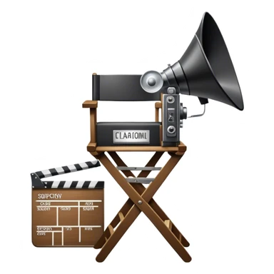 Icon for Directing: a director's chair, a film clapperboard, large movie camera, vintage megaphone and a stage with a spotlight. The icon should represent the creative and organizational aspects of directing, with focus on storytelling, staging, and performance. Transparent background. sticker