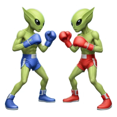 two aliens boxing in a fight stance, facing each other with raised gloves, dynamic action pose, intense expressions, sci-fi arena vibe, 3D cartoon style, mobile game icon style, clean background, no text, no watermark
 sticker