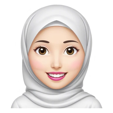 Asian white woman hijab, her hijab color are white, her face is small oval, her face is firm, her lips are pink, her eyes are shining, her face looks happy showing her teeth, her eyes are also smiling, her outfit color are white sticker