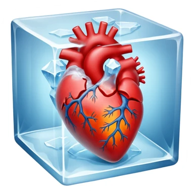 An artistic depiction of a human heart frozen in time, encased in a crystal-clear ice cube, symbolizing emotional coldness and isolation, cinematic lighting, high detail sticker