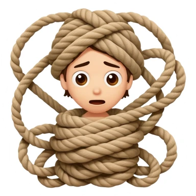 A cartoon person comically tangled and wrapped in rope with a silly surprised expression, looking confused sticker