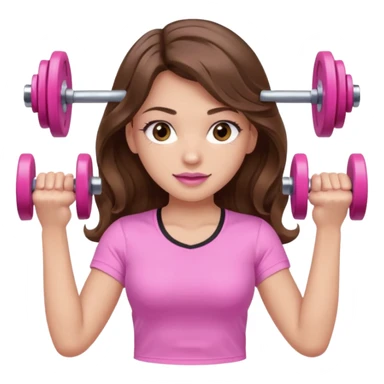 girl with wavy long brown hair, brown eyes, light to medium complexion, long lashes, light pink lipstick, wearing light pink shirt, lifting a pink dumbbells in a sports top sticker